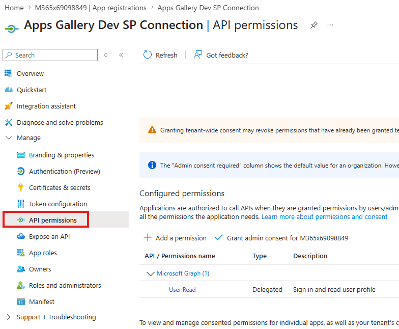 API permissions tab on the app registration page