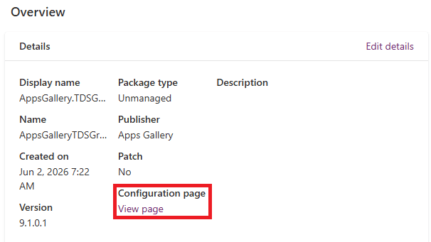 Configuration page link on the solution overview