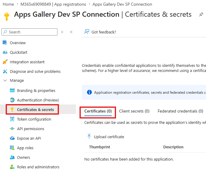 Certificates and secrets section of the app registration
