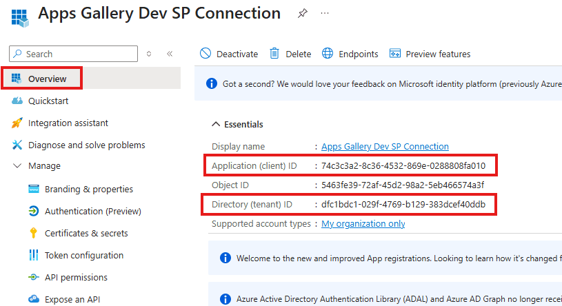 Client Id and Tenant Id on the app registration overview page