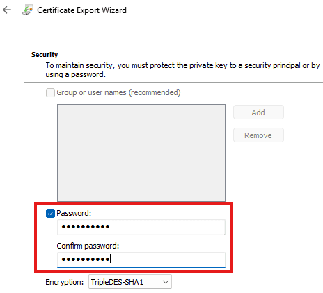 Entering a password to protect the exported .pfx file
