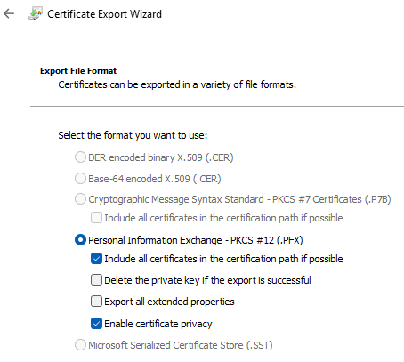 Choosing the export file format for the certificate