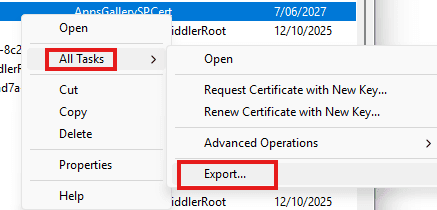 Exporting the certificate private key