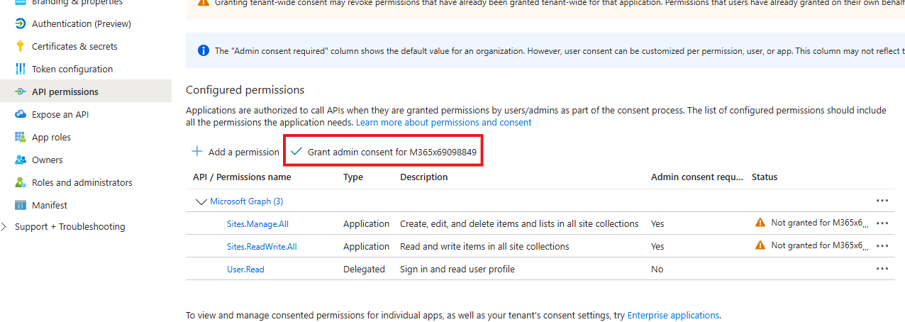 Grant admin consent for the configured permissions
