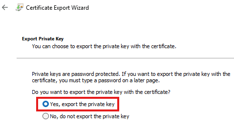 Selecting the option to include the private key in the export