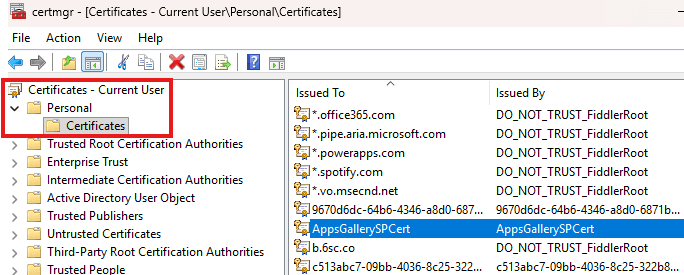 Searching for Manage user certificates from the Start menu