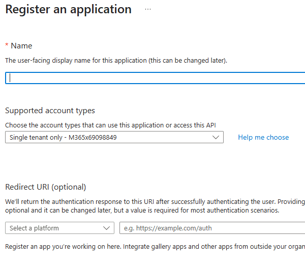 Register a new application screen
